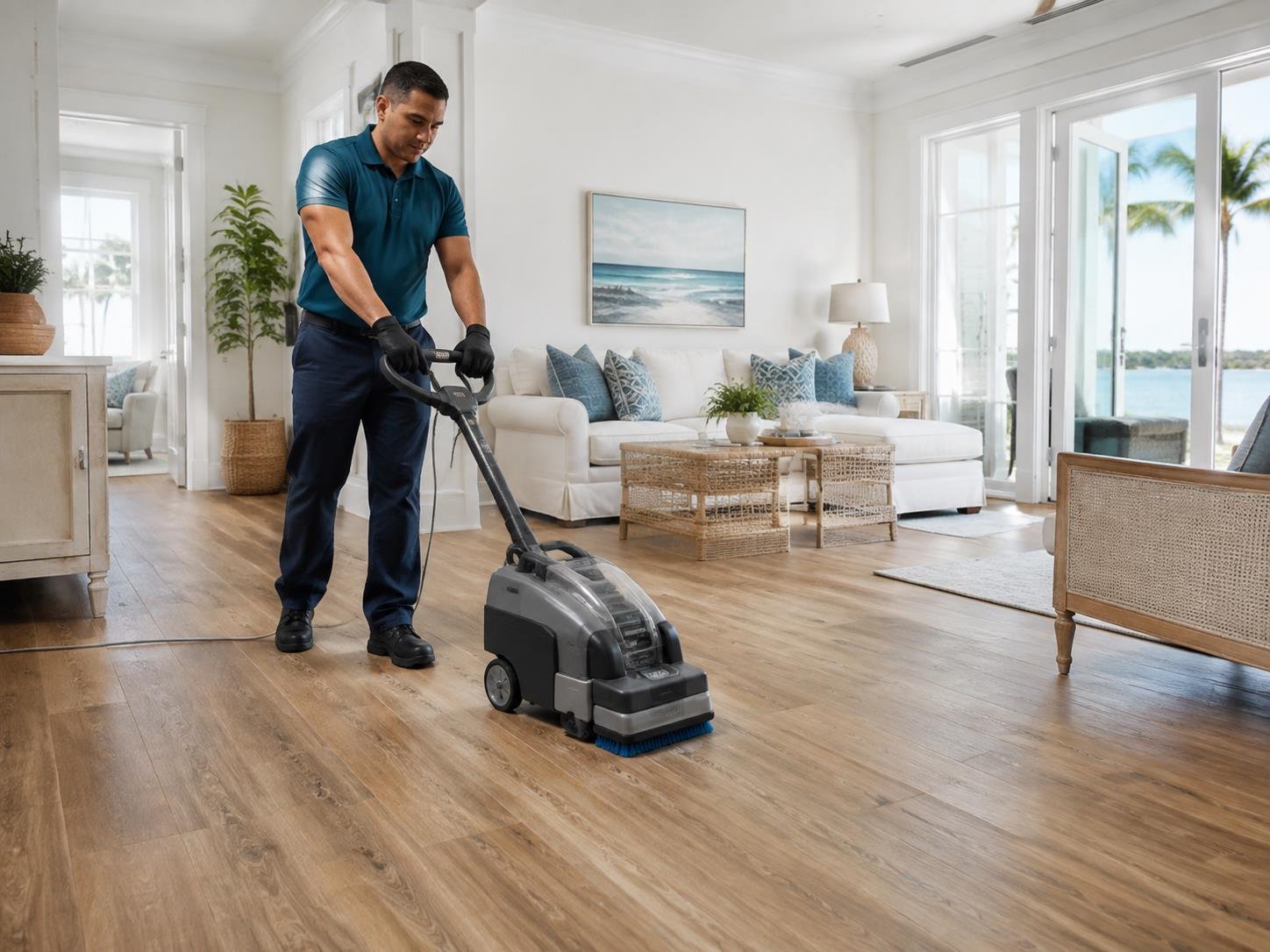 Professional technician cleaning luxury vinyl plank flooring in a bright Santa Rosa Beach home