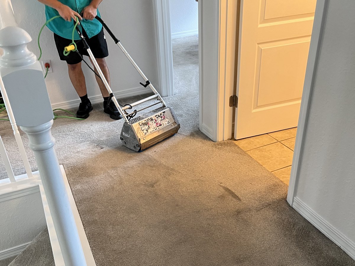 Technician deep cleaning residential carpet in an Emerald Coast home
